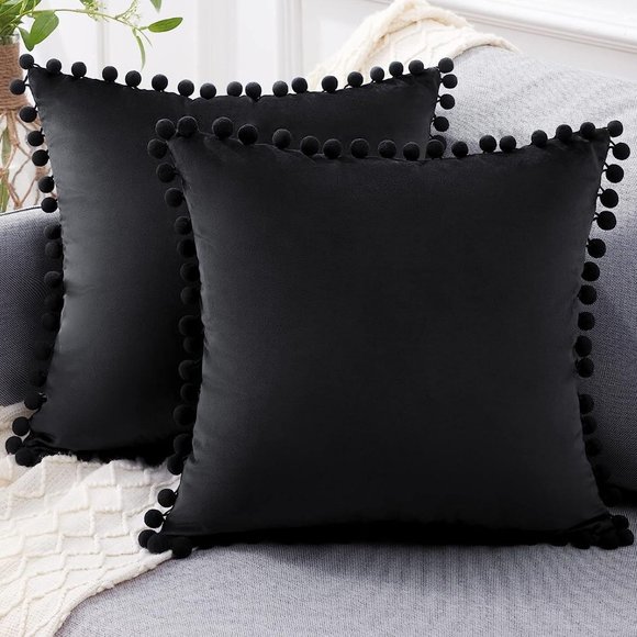 Set of 2 Black Soft Velvety Velour Pom Pom Velvet Pillow Covers Couch Pillows - Picture 1 of 7